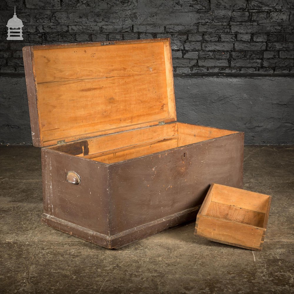 Vintage Wooden Tool Chest with Brown Flaky Paint and Removable Internal Tray