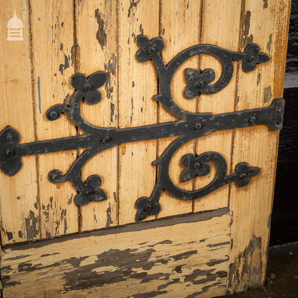 Pair of 19th C Pine Arched Top Ecclesiastical Church Chapel Doors with Ornate Ironmongery