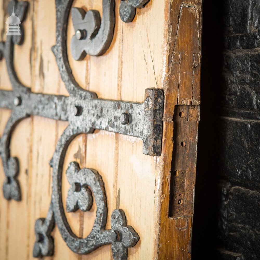 Pair of 19th C Pine Arched Top Ecclesiastical Church Chapel Doors with Ornate Ironmongery