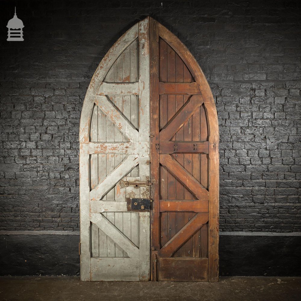 Pair of 19th C Pine Arched Top Ecclesiastical Church Chapel Doors with Ornate Ironmongery