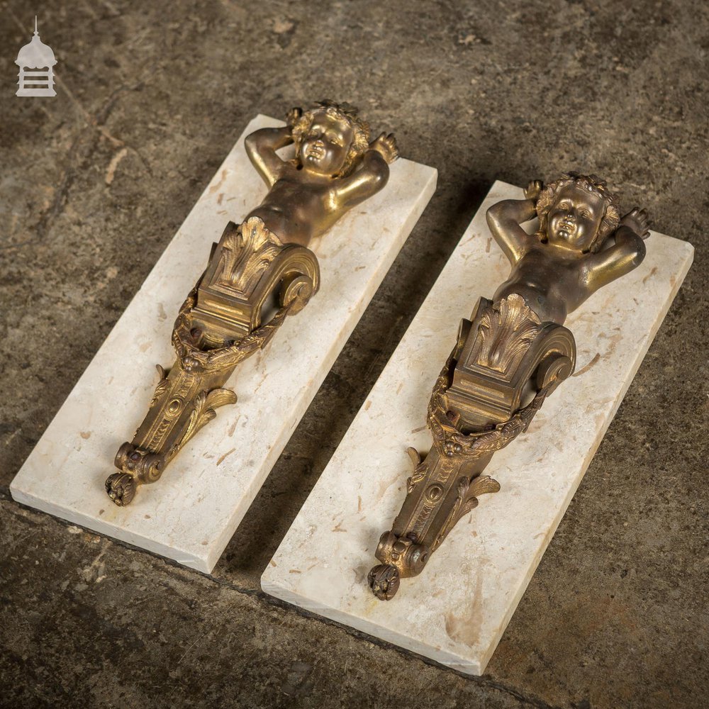 Pair of 19th C Brass Cherubs Mounted on Marble