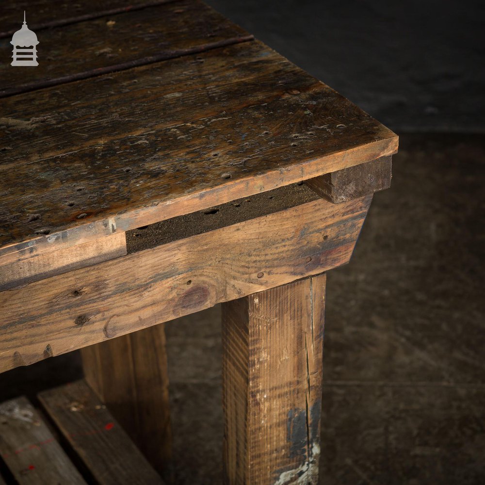 Industrial Pine Workbench Table with Slatted Shelf