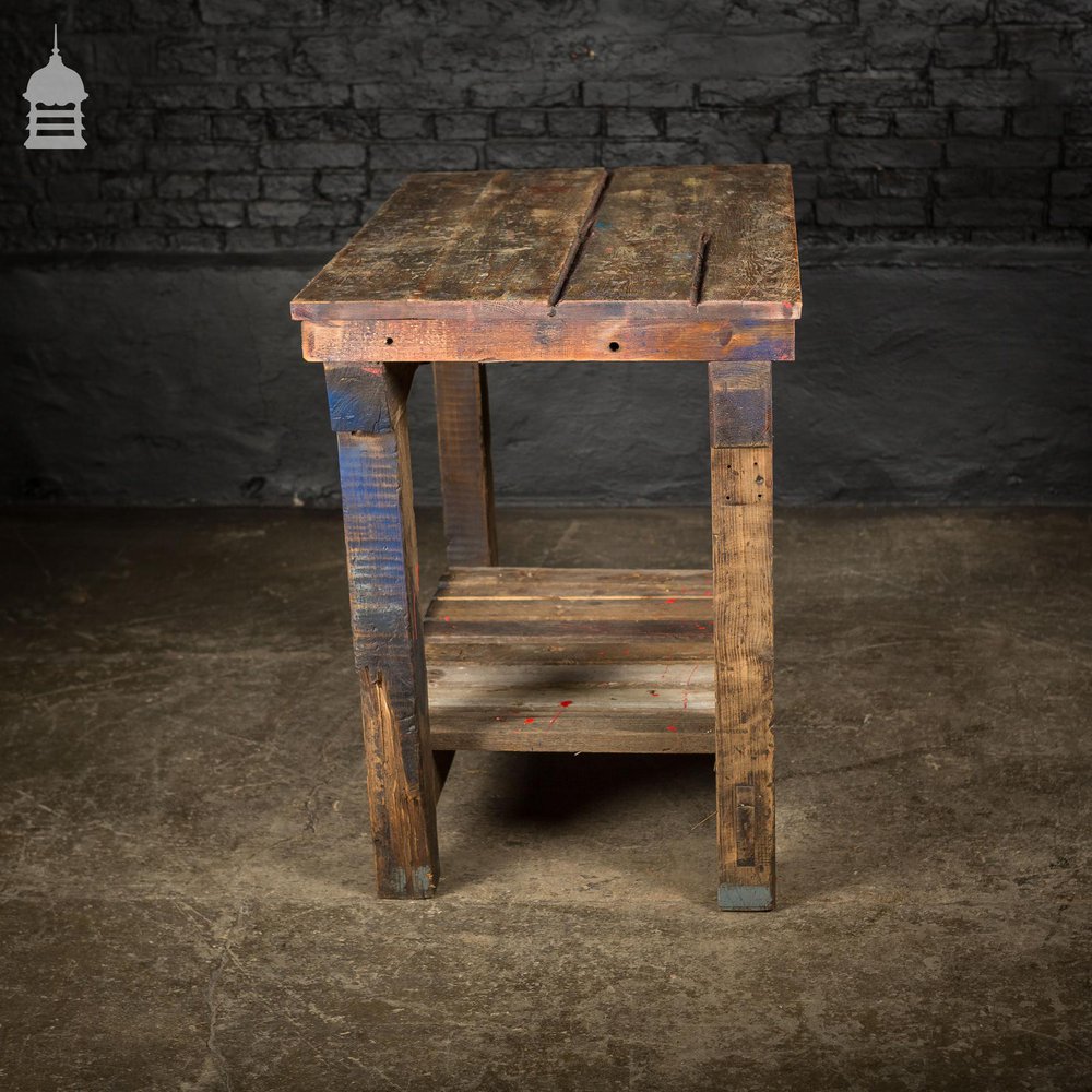 Industrial Pine Workbench Table with Slatted Shelf