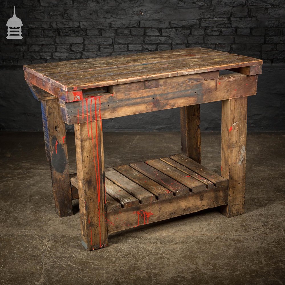 Industrial Pine Workbench Table with Slatted Shelf