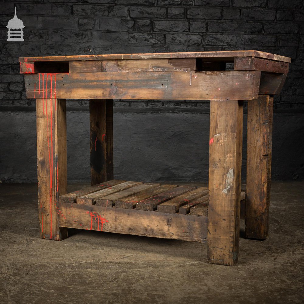 Industrial Pine Workbench Table with Slatted Shelf