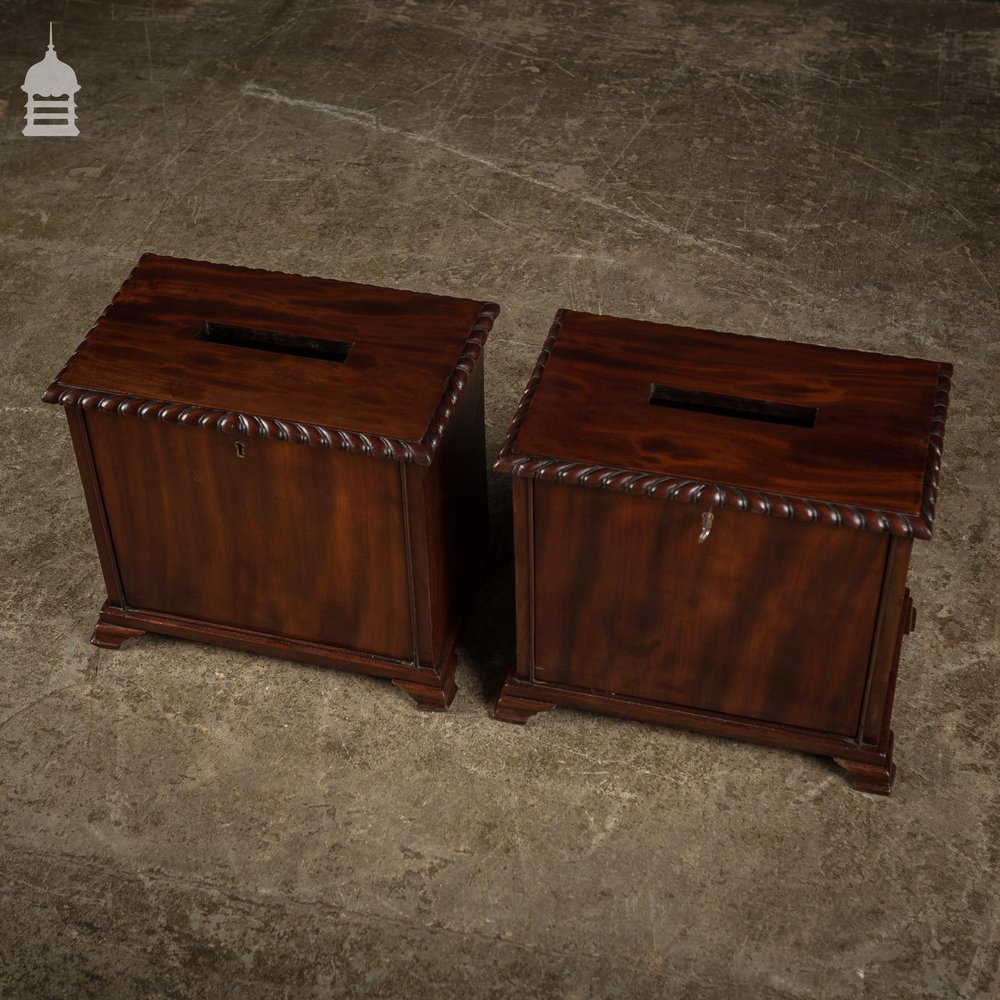 Pair of 19th C Flame Mahogany Ballot Boxes with Key