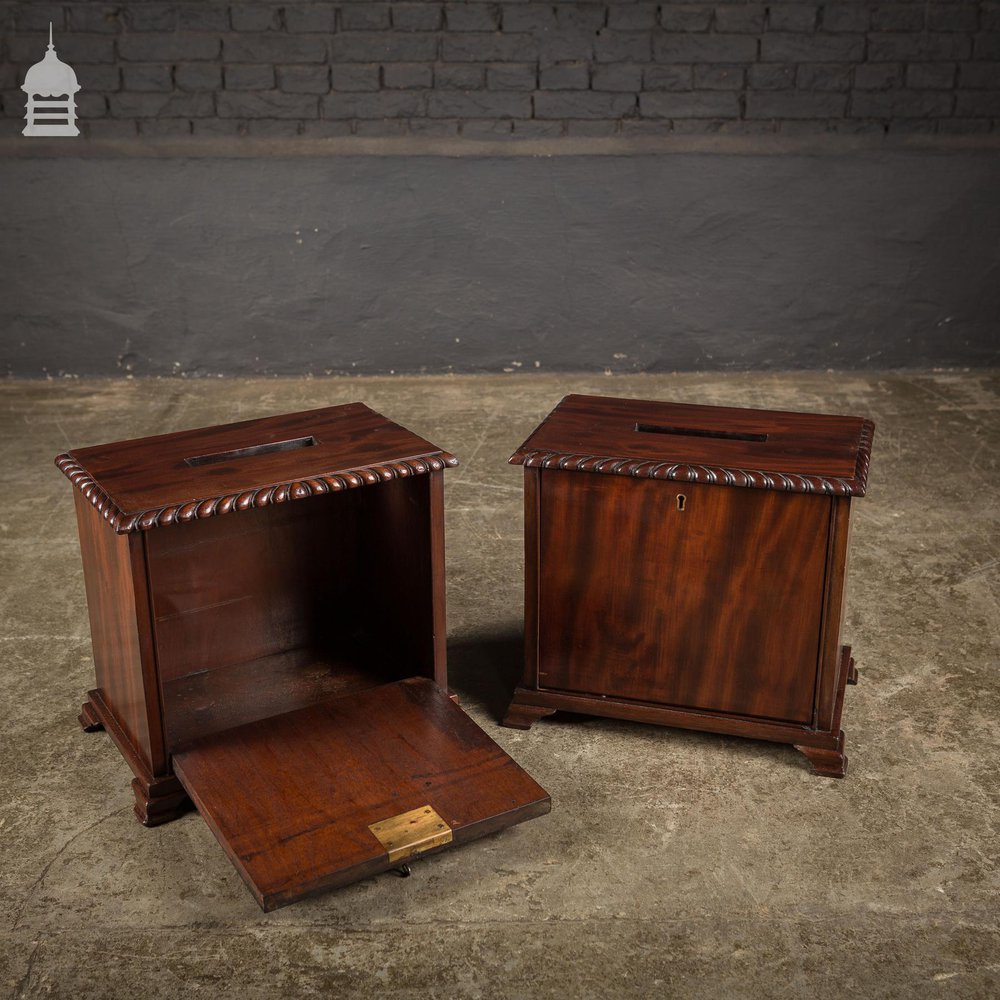 Pair of 19th C Flame Mahogany Ballot Boxes with Key