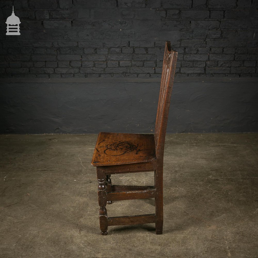 18th C Oak Chair with Ornate Hand Carved Detail and Single Plank Seat