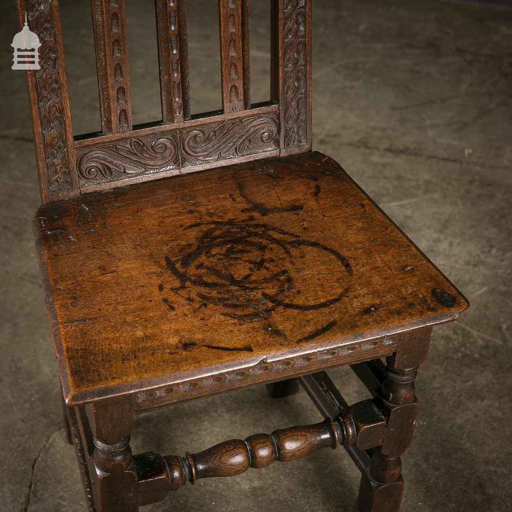 18th C Oak Chair with Ornate Hand Carved Detail and Single Plank Seat