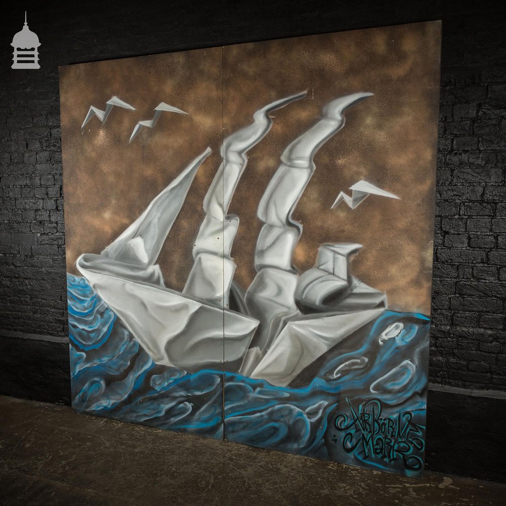 Large 2 Panel Graffiti Street Art of Origami Paper Ship by Artist Airborne Mark