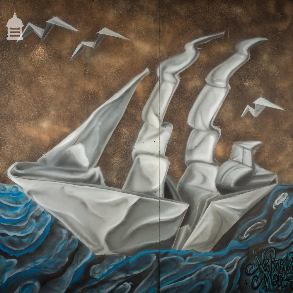 Large 2 Panel Graffiti Street Art of Origami Paper Ship by Artist Airborne Mark