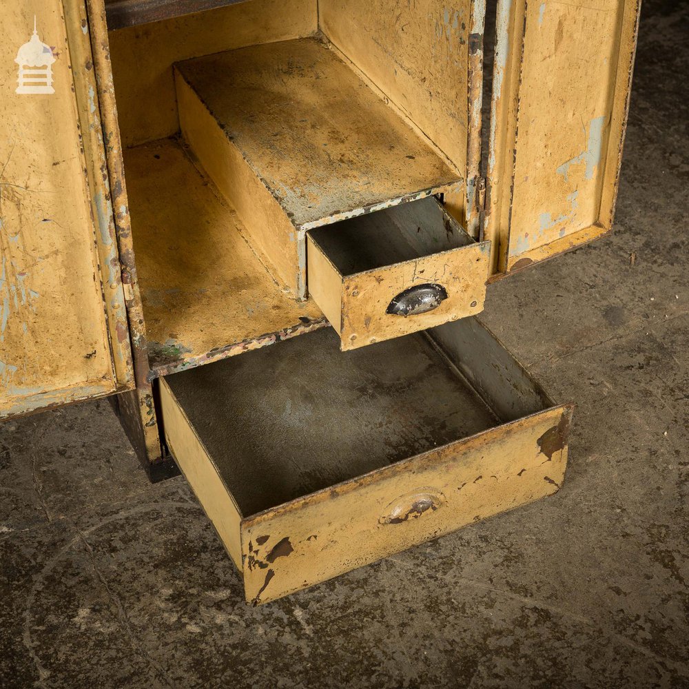 Vintage Metal Workshop Cabinet Cupboard with Shelves and Two Drawers