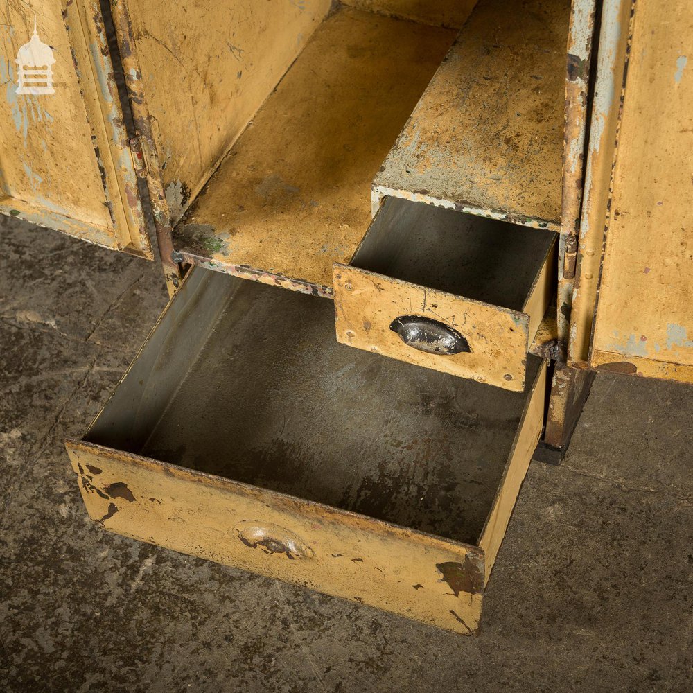 Vintage Metal Workshop Cabinet Cupboard with Shelves and Two Drawers