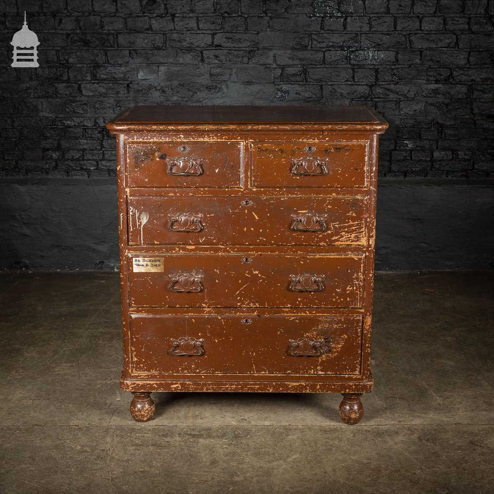 19th C Industrial Chest of Drawers with Distressed Brown Paint