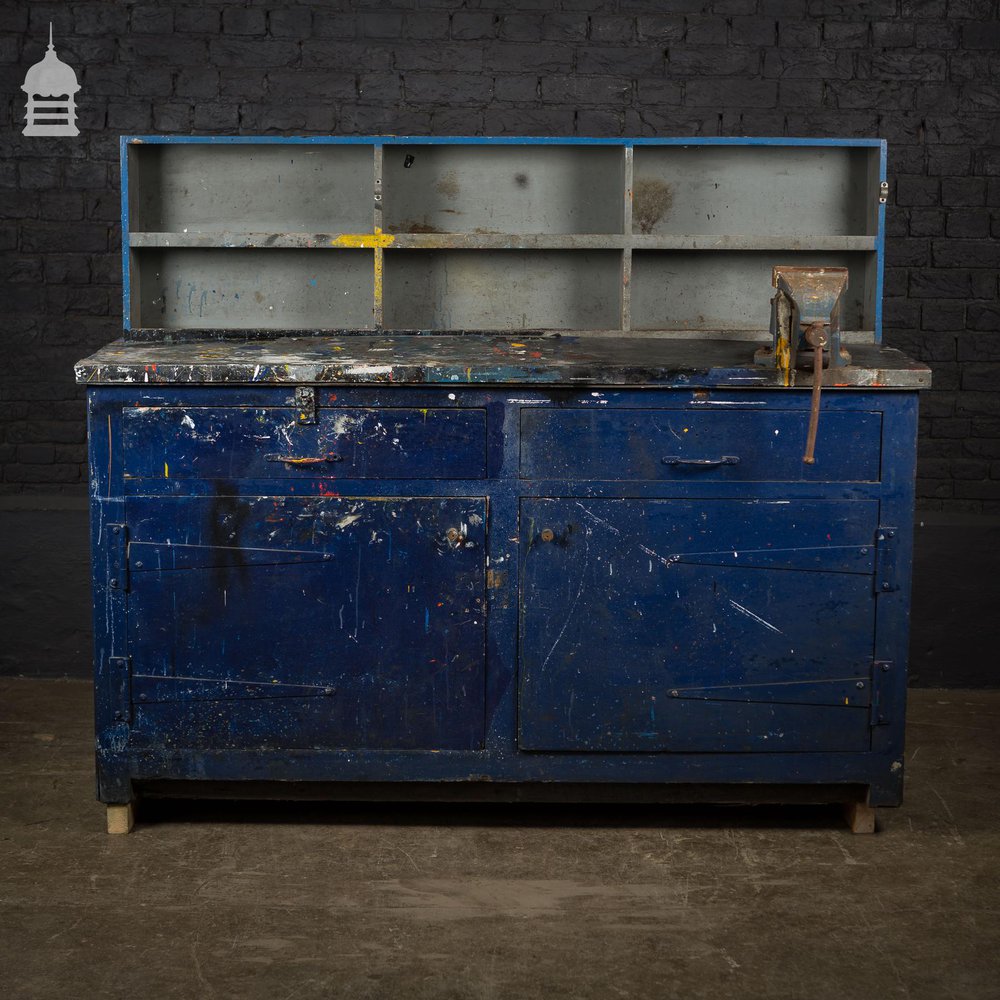 Industrial Workbench Cupboards and Shelves Unit with Distressed Blue Paint