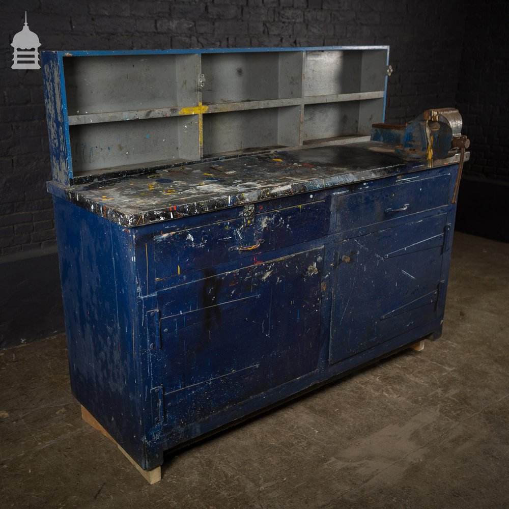 Industrial Workbench Cupboards and Shelves Unit with Distressed Blue Paint