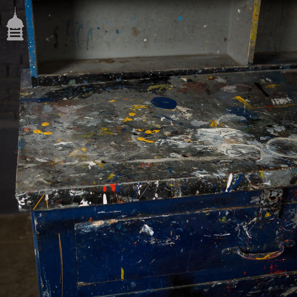 Industrial Workbench Cupboards and Shelves Unit with Distressed Blue Paint