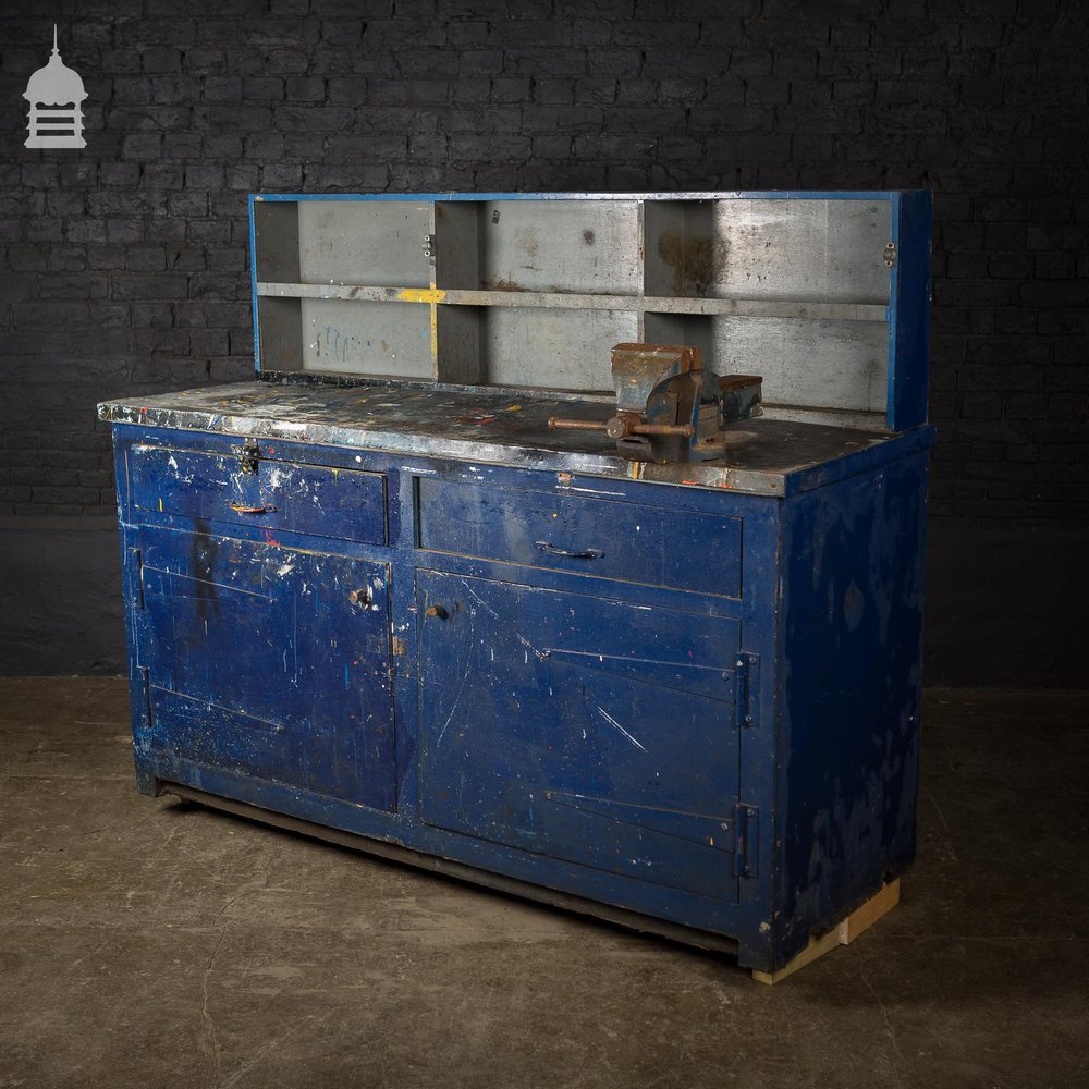 Industrial Workbench Cupboards and Shelves Unit with Distressed Blue Paint