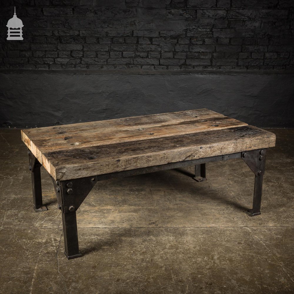 Vintage Industrial Steel Base with Reclaimed Oak 3 Plank Top Coffee Table