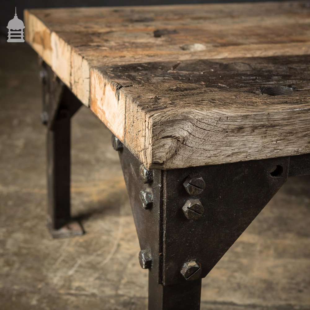 Vintage Industrial Steel Base with Reclaimed Oak 3 Plank Top Coffee Table