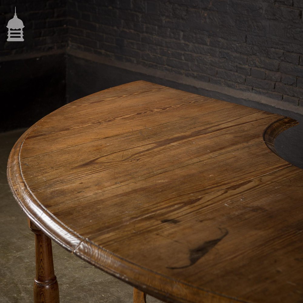 19th C Pitch Pine D-End Table with Turned Legs and Curved Stretchers