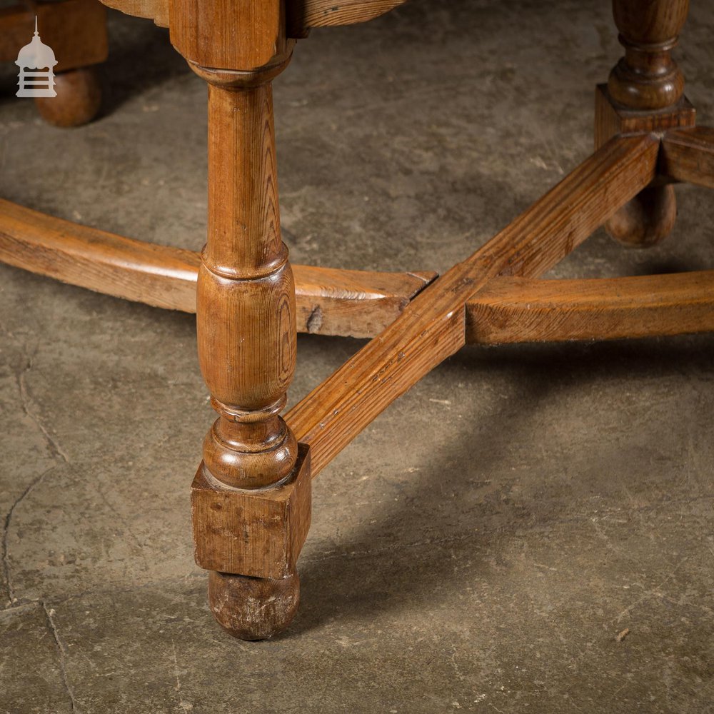 19th C Pitch Pine D-End Table with Turned Legs and Curved Stretchers