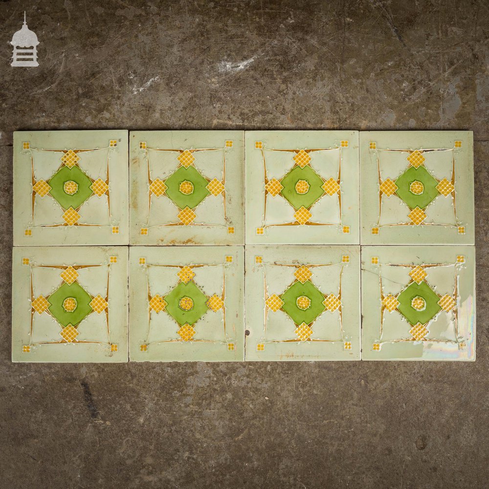 Set of 8 Original Decorative Green and White 6x6 Tiles