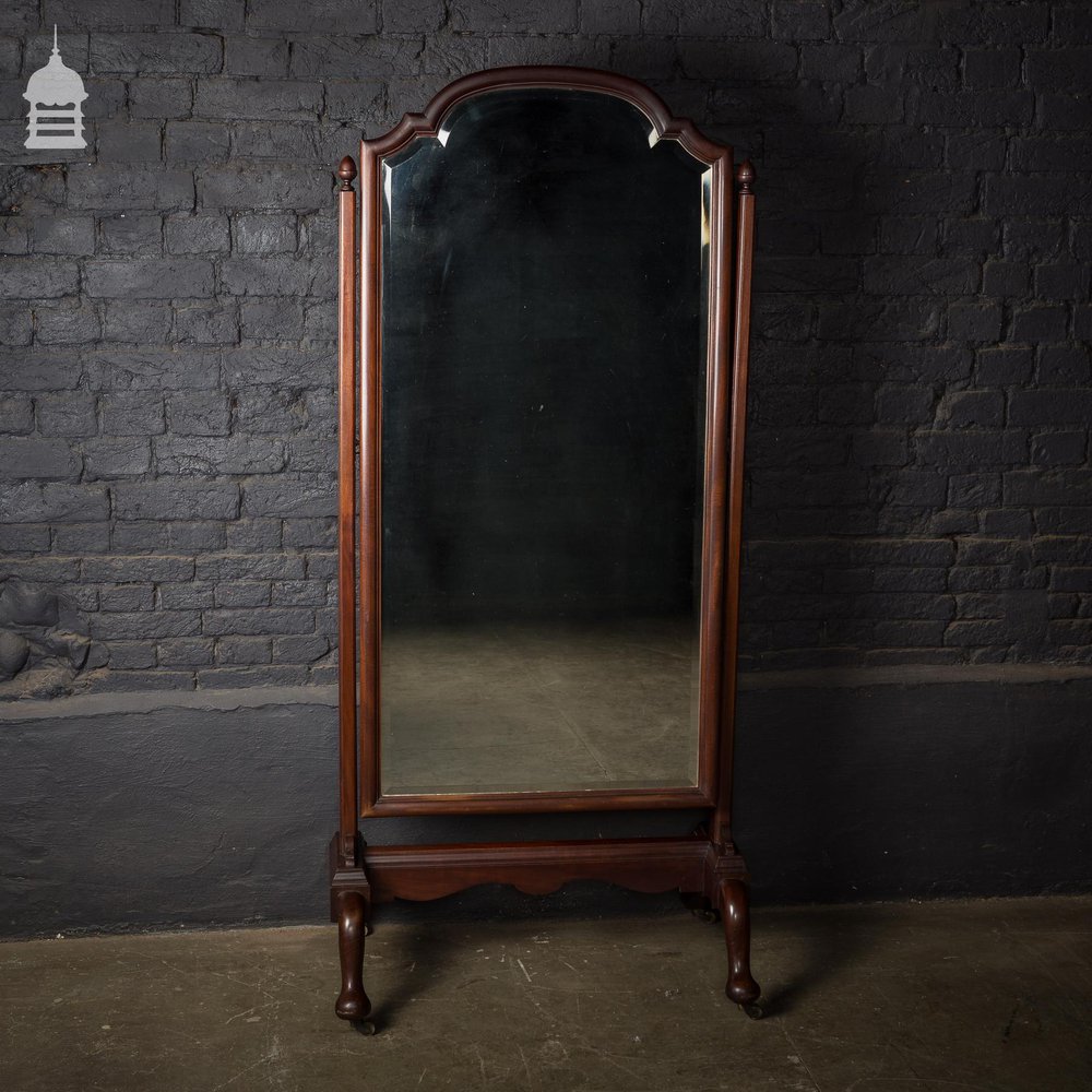 Full Length 19th C Mahogany Cheval Mirror with Original Bevelled Glass