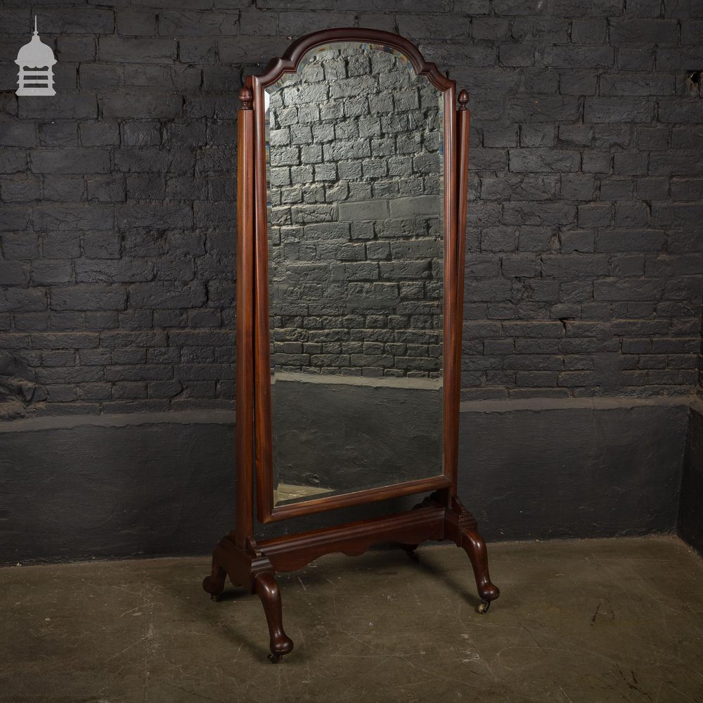 Full Length 19th C Mahogany Cheval Mirror with Original Bevelled Glass