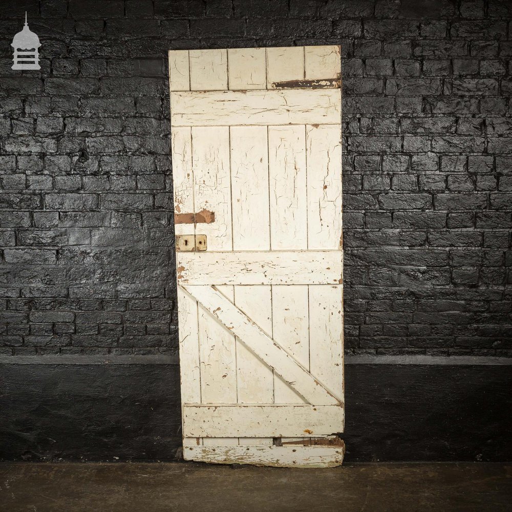 19th C White Painted Pine Ledged and Braced Internal Cottage Door with Period Repairs