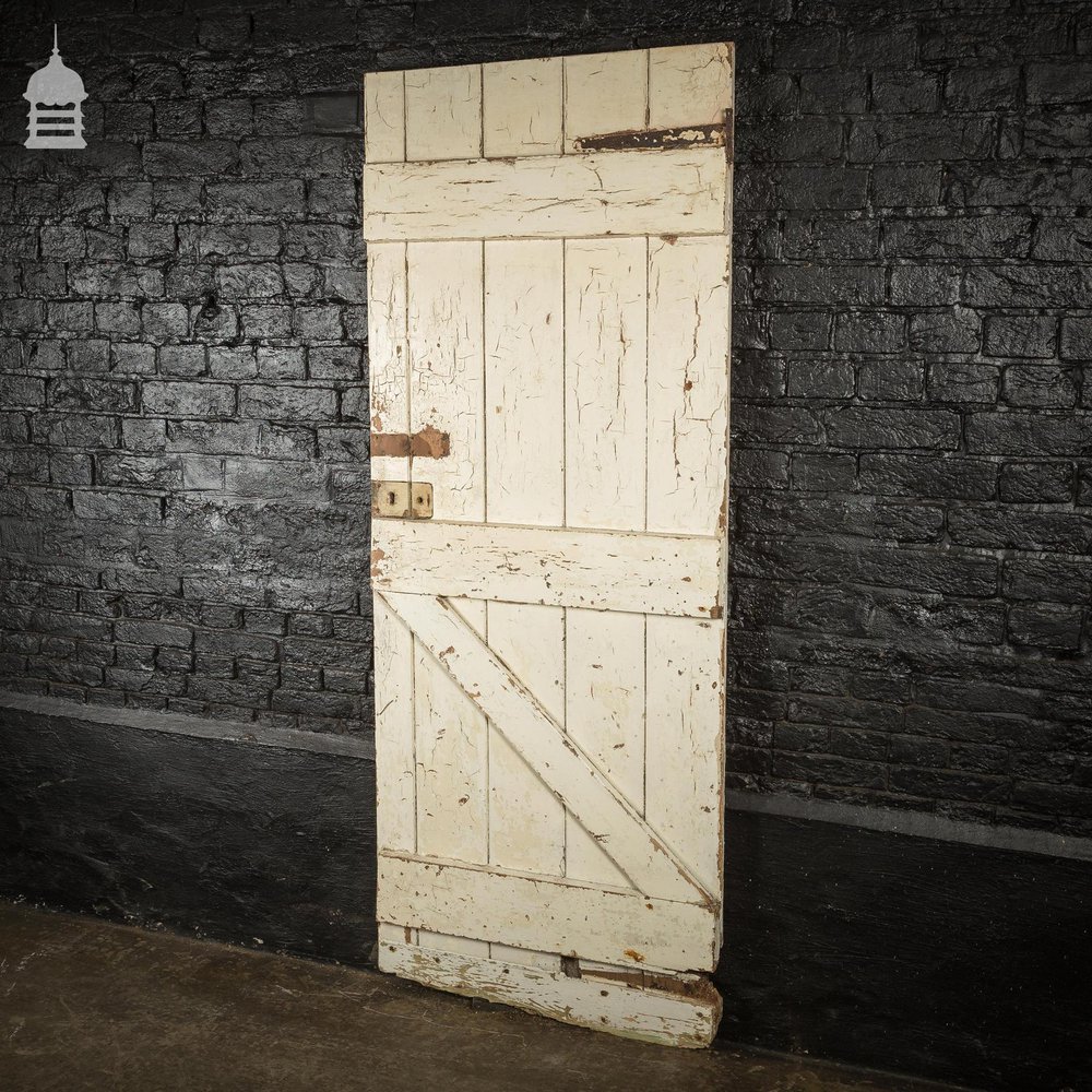 19th C White Painted Pine Ledged and Braced Internal Cottage Door with Period Repairs