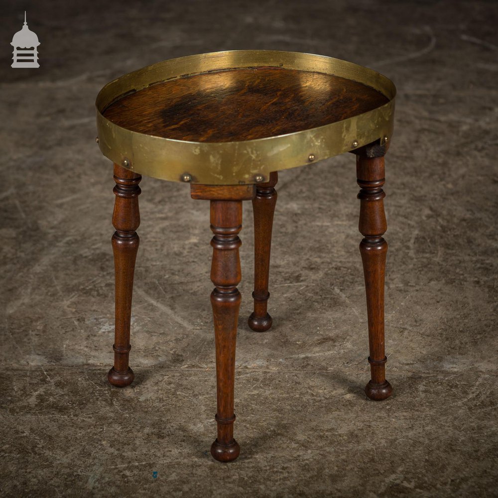 Small 19th C Oak Side Table with Brass Rim and Turned Legs