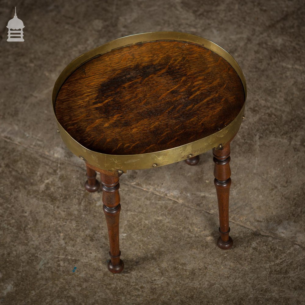 Small 19th C Oak Side Table with Brass Rim and Turned Legs