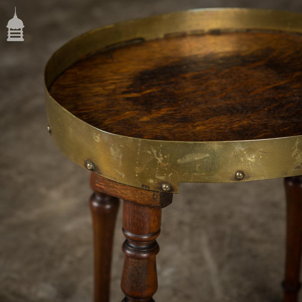 Small 19th C Oak Side Table with Brass Rim and Turned Legs