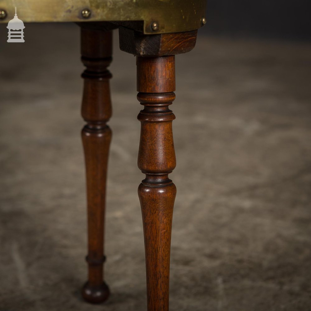 Small 19th C Oak Side Table with Brass Rim and Turned Legs