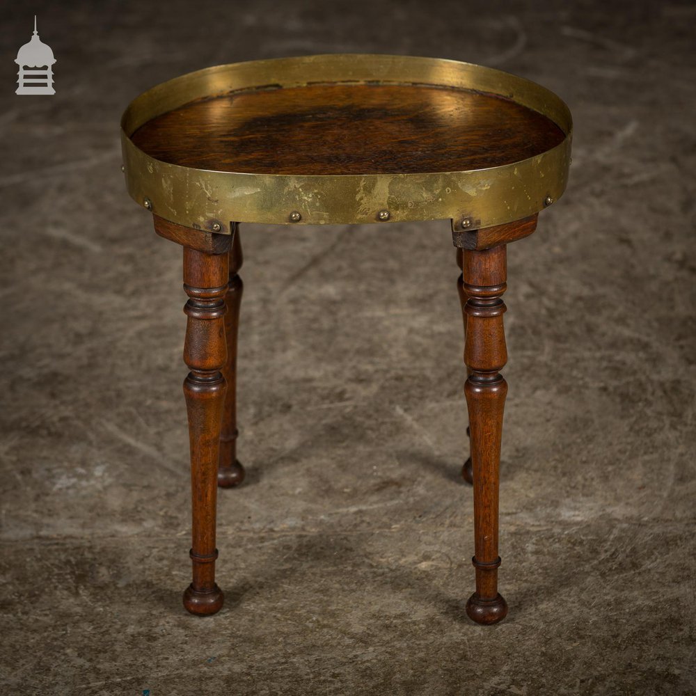 Small 19th C Oak Side Table with Brass Rim and Turned Legs