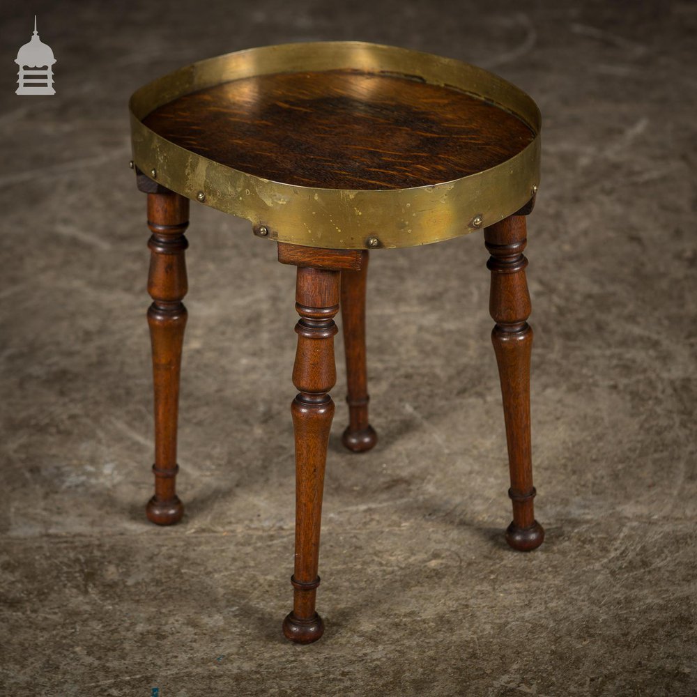 Small 19th C Oak Side Table with Brass Rim and Turned Legs