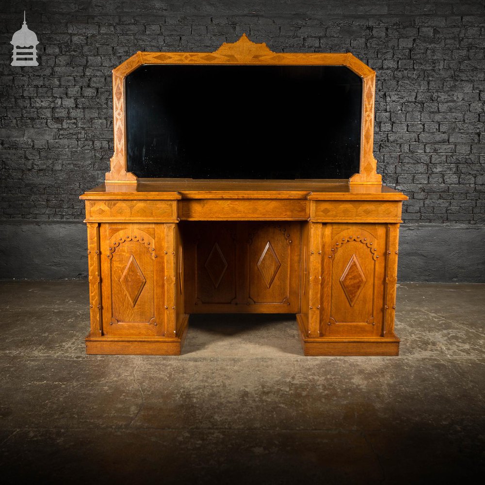 Arts and Crafts Oak with Inlaid Teak Pedestal Sideboard with Mirror from Norwich Cathedral