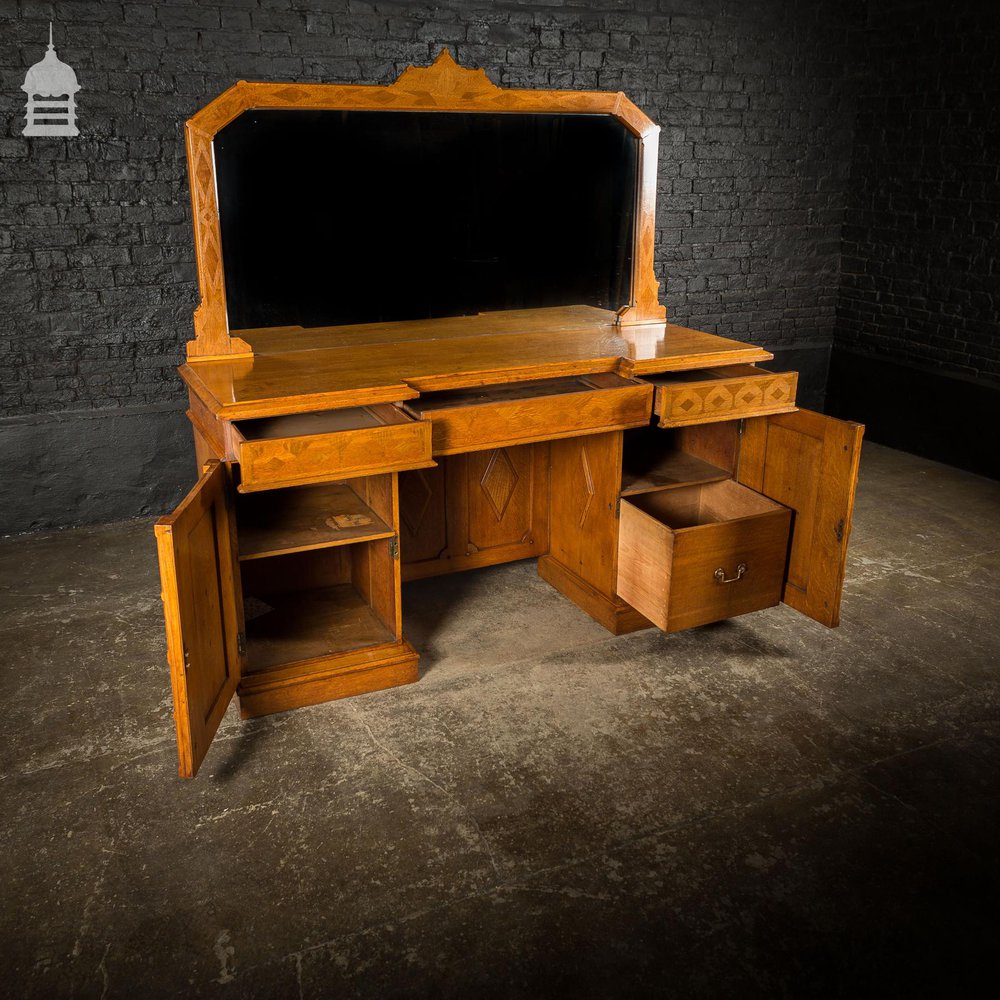 Arts and Crafts Oak with Inlaid Teak Pedestal Sideboard with Mirror from Norwich Cathedral