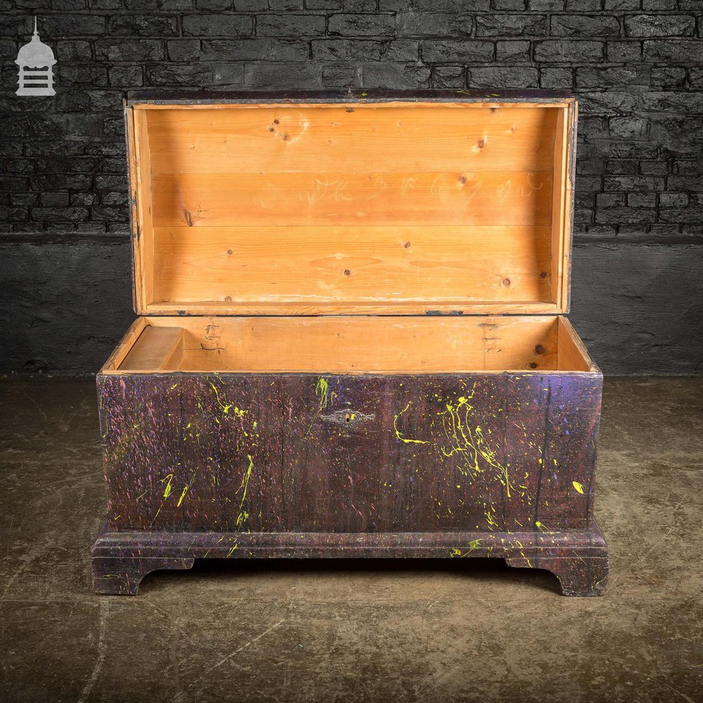 19th C Pine Trunk Chest with Distressed Purple Paint Finish