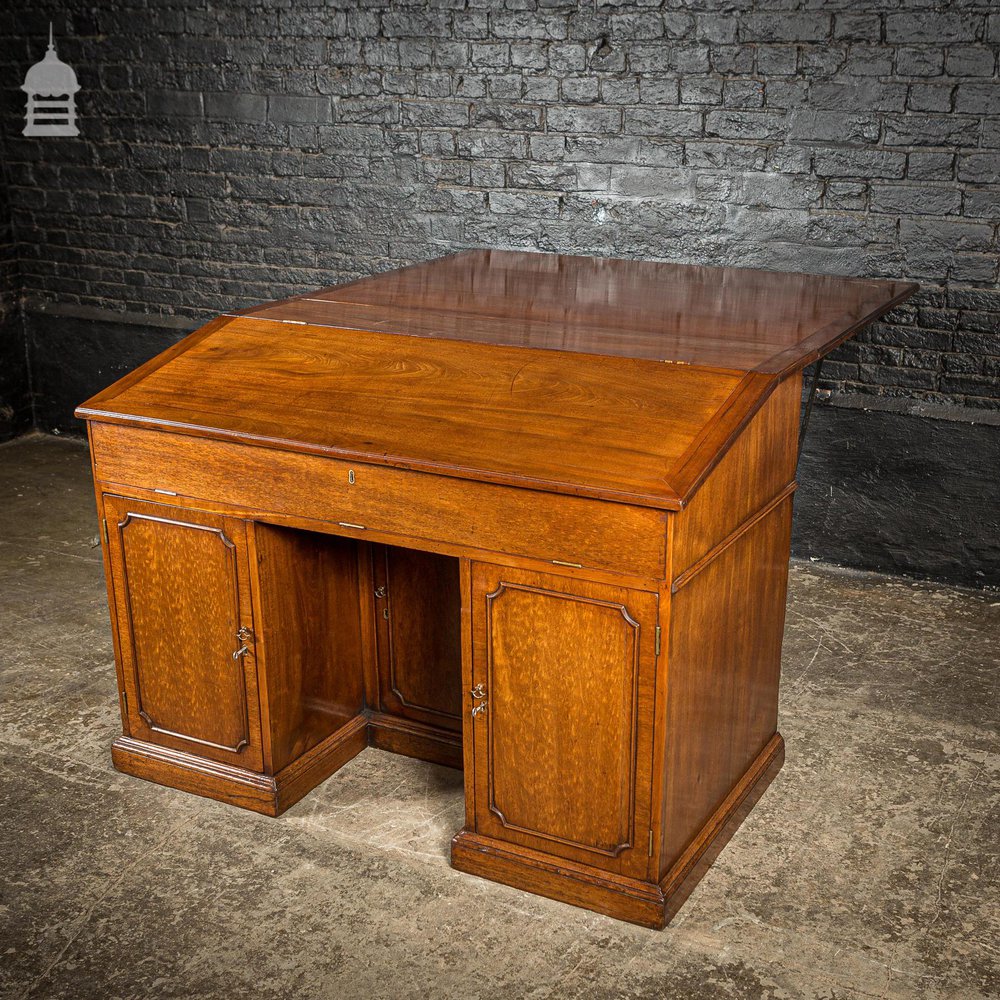 Rare Victorian Striking Mahogany Pedestal Bureau Desk with Large Drop Leaf Table to the Rear