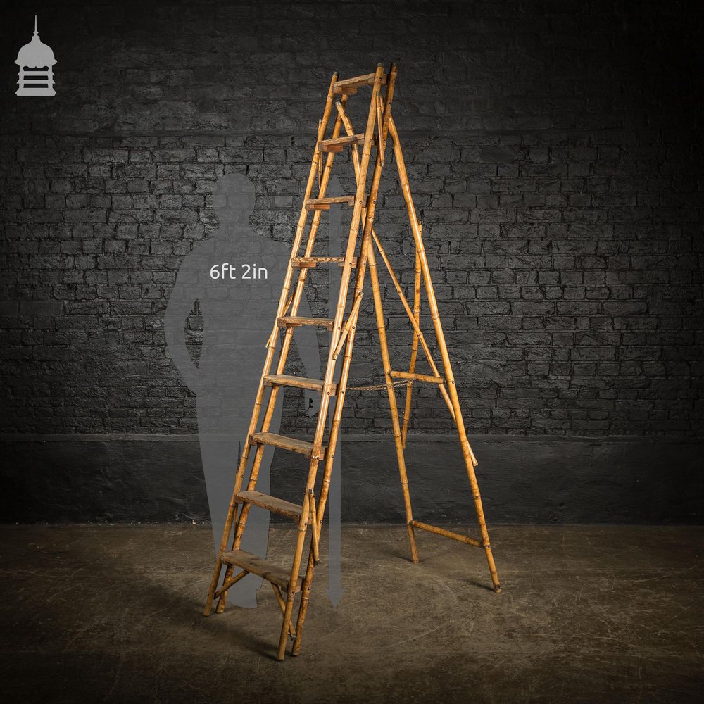 19th C Folding Bamboo and Pine A-Steps Ladder