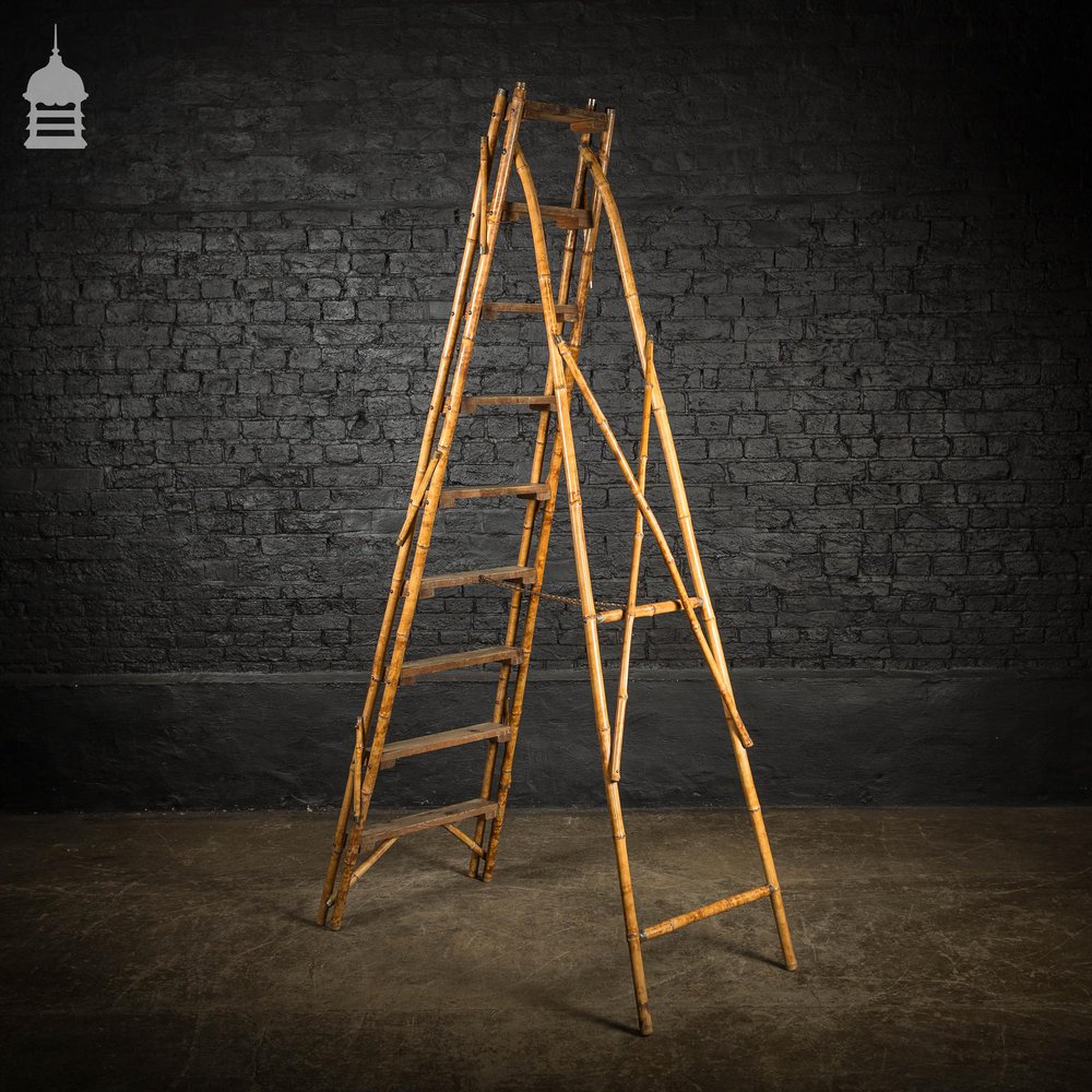 19th C Folding Bamboo and Pine A-Steps Ladder