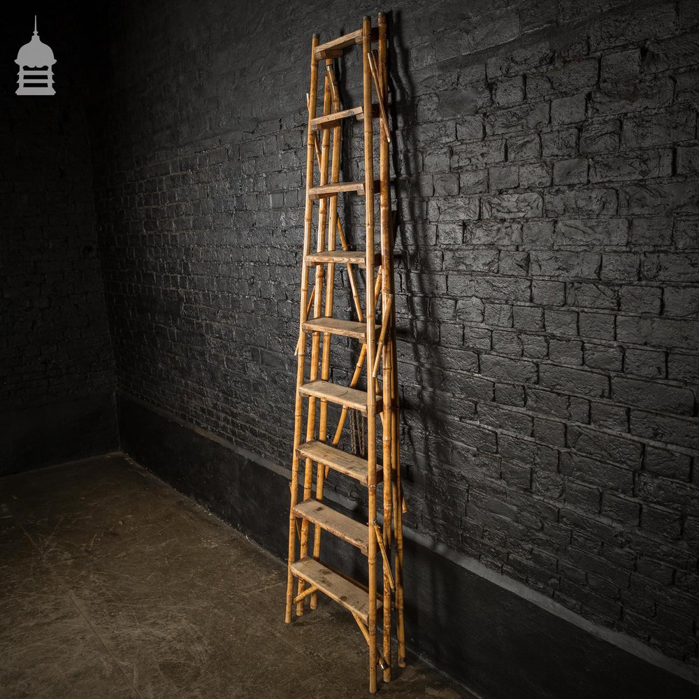 19th C Folding Bamboo and Pine A-Steps Ladder