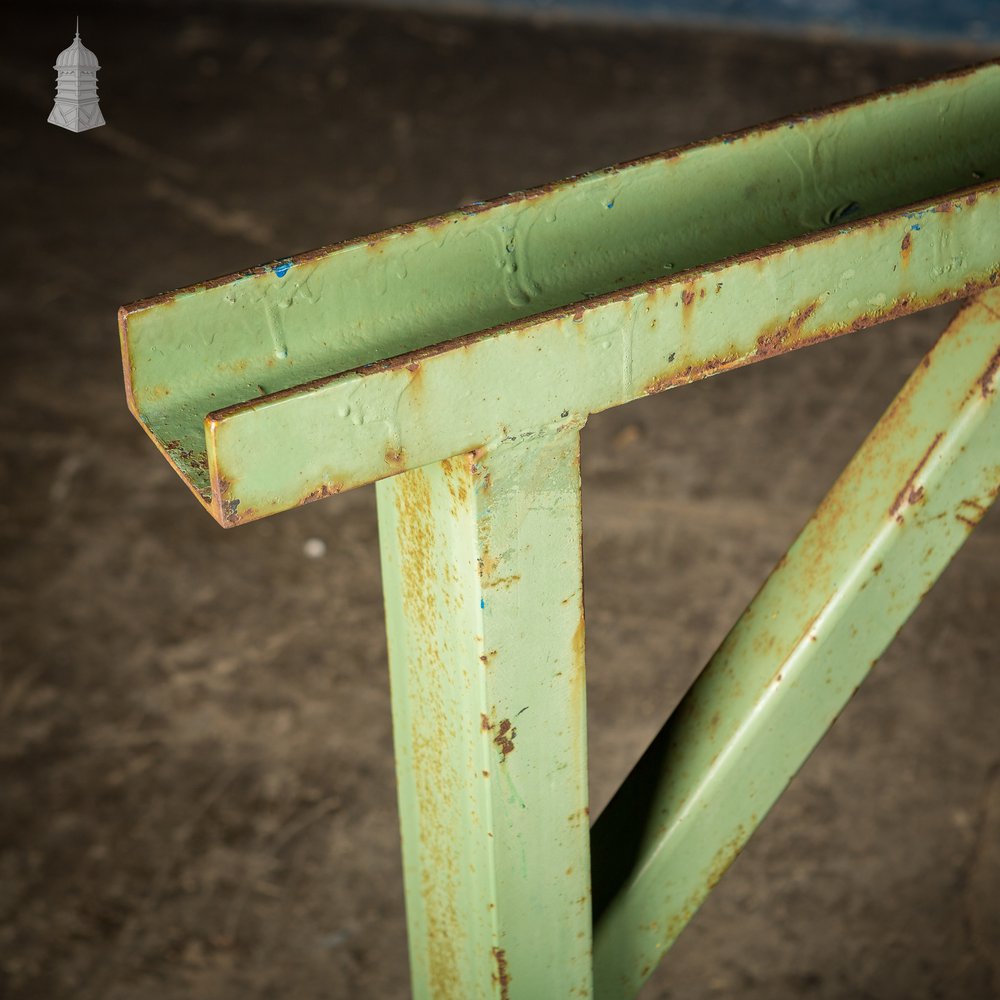 Pair of Large Green Painted Heavy Duty Steel Industrial Workshop Trestles