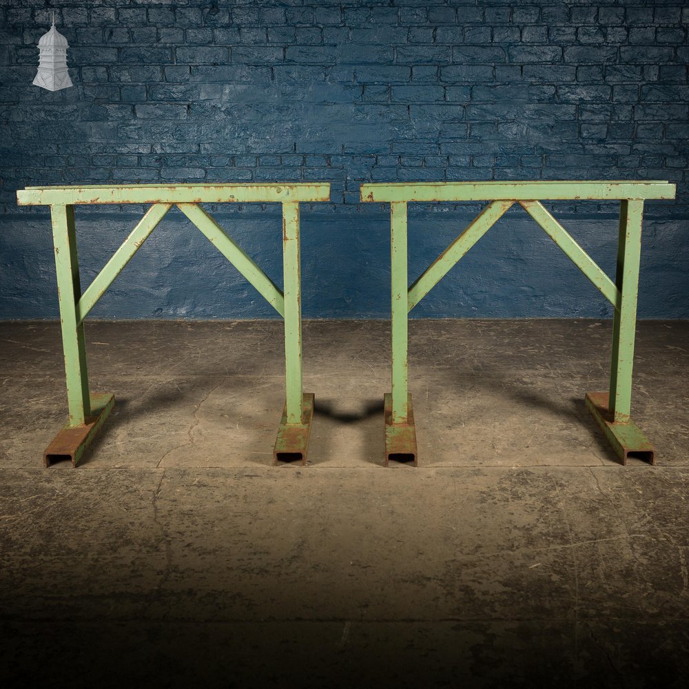 Pair of Large Green Painted Heavy Duty Steel Industrial Workshop Trestles