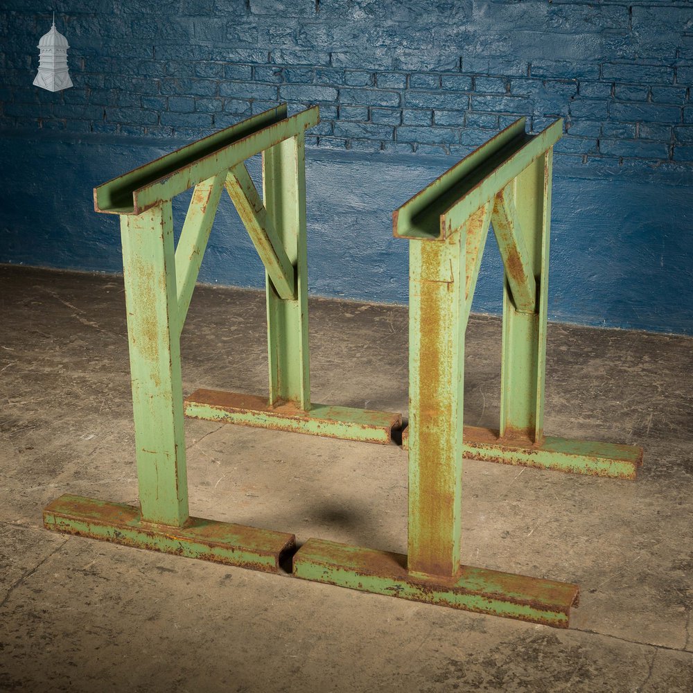 Pair of Large Green Painted Heavy Duty Steel Industrial Workshop Trestles