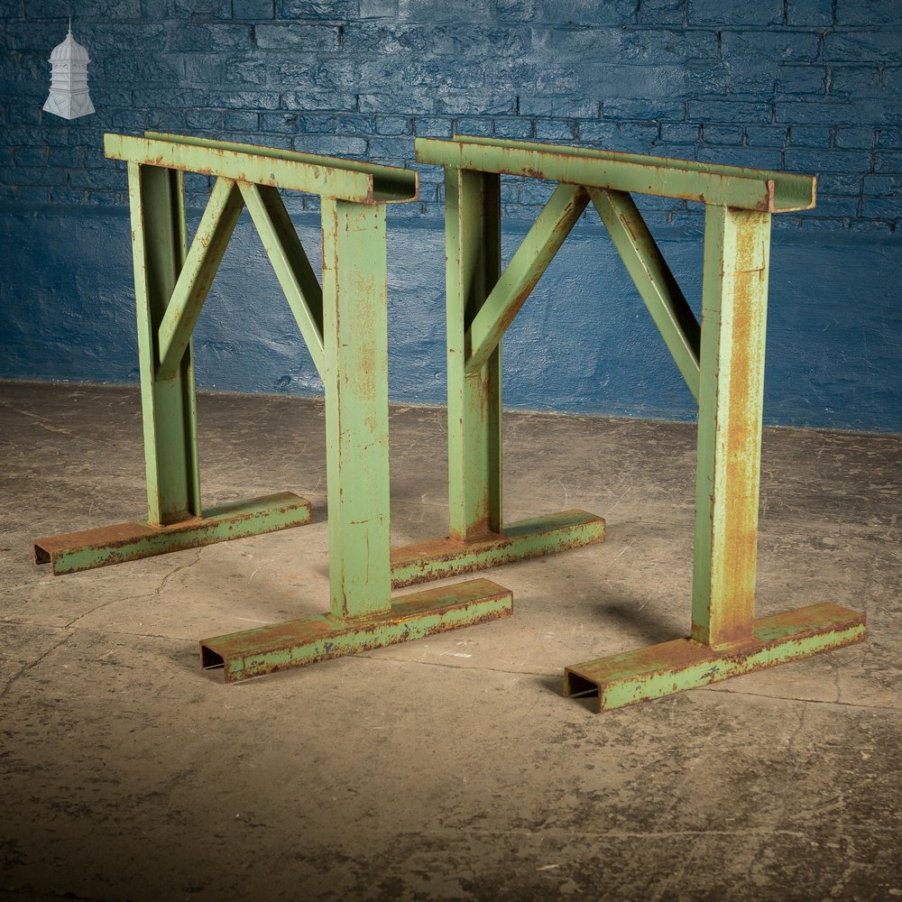 Pair of Large Green Painted Heavy Duty Steel Industrial Workshop Trestles