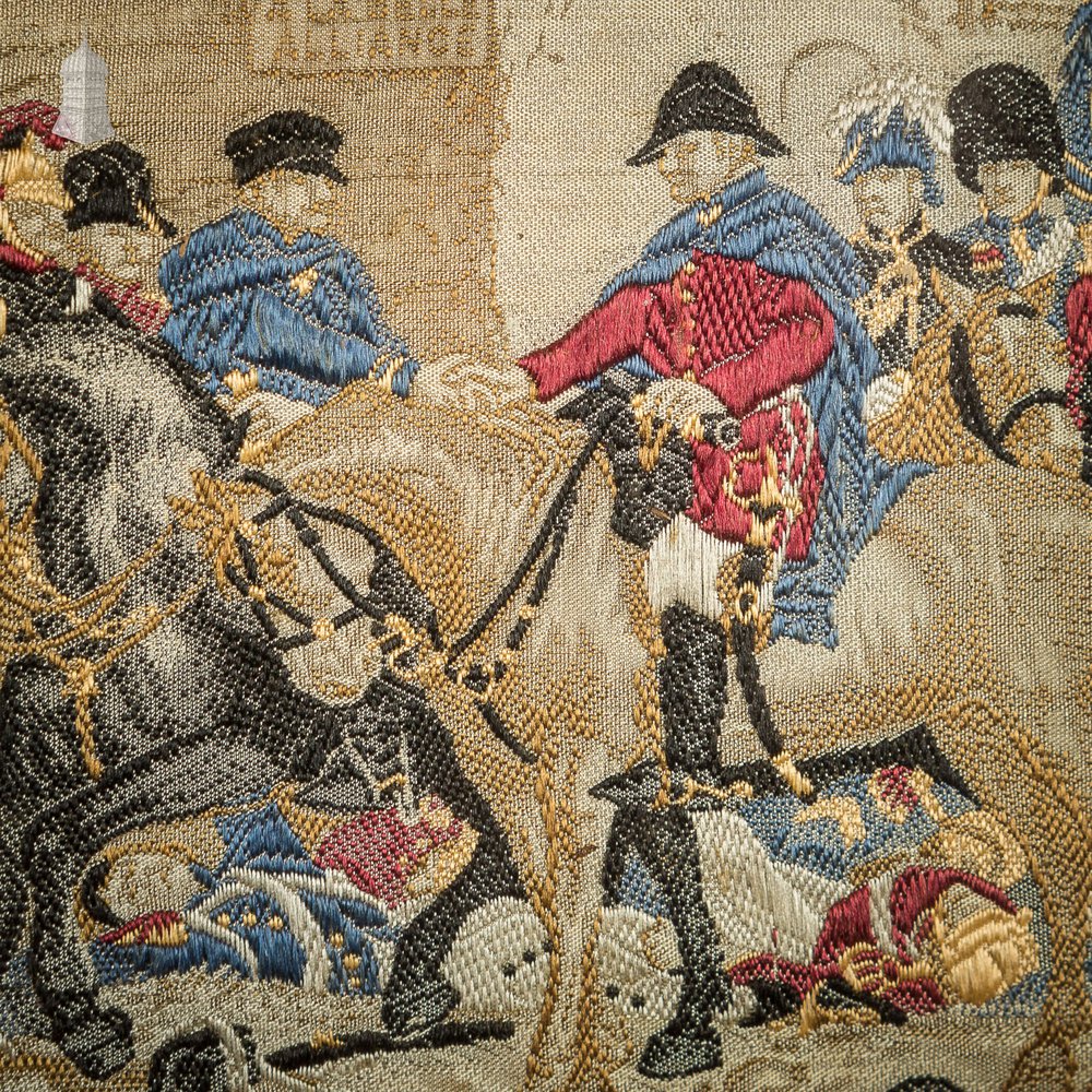 19th C Woven Silk 'Stevengraph' Wellington & Blucher Battle Scence, The Death of Nelson