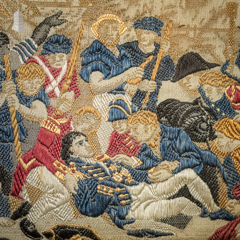 19th C Woven Silk 'Stevengraph' Wellington & Blucher Battle Scence, The Death of Nelson